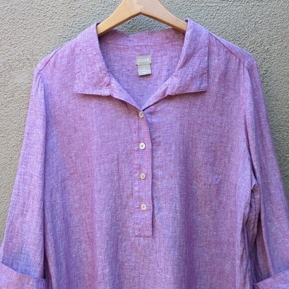 CHICO'S 100% Linen Pop Over Blouse Petite LG Flip Cuffs Mother of Pearl Buttons - Picture 5 of 12